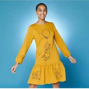 Disney Dress Womens Medium Yellow Winnie the Pooh Drop Waist Ruffle Hem Tunic